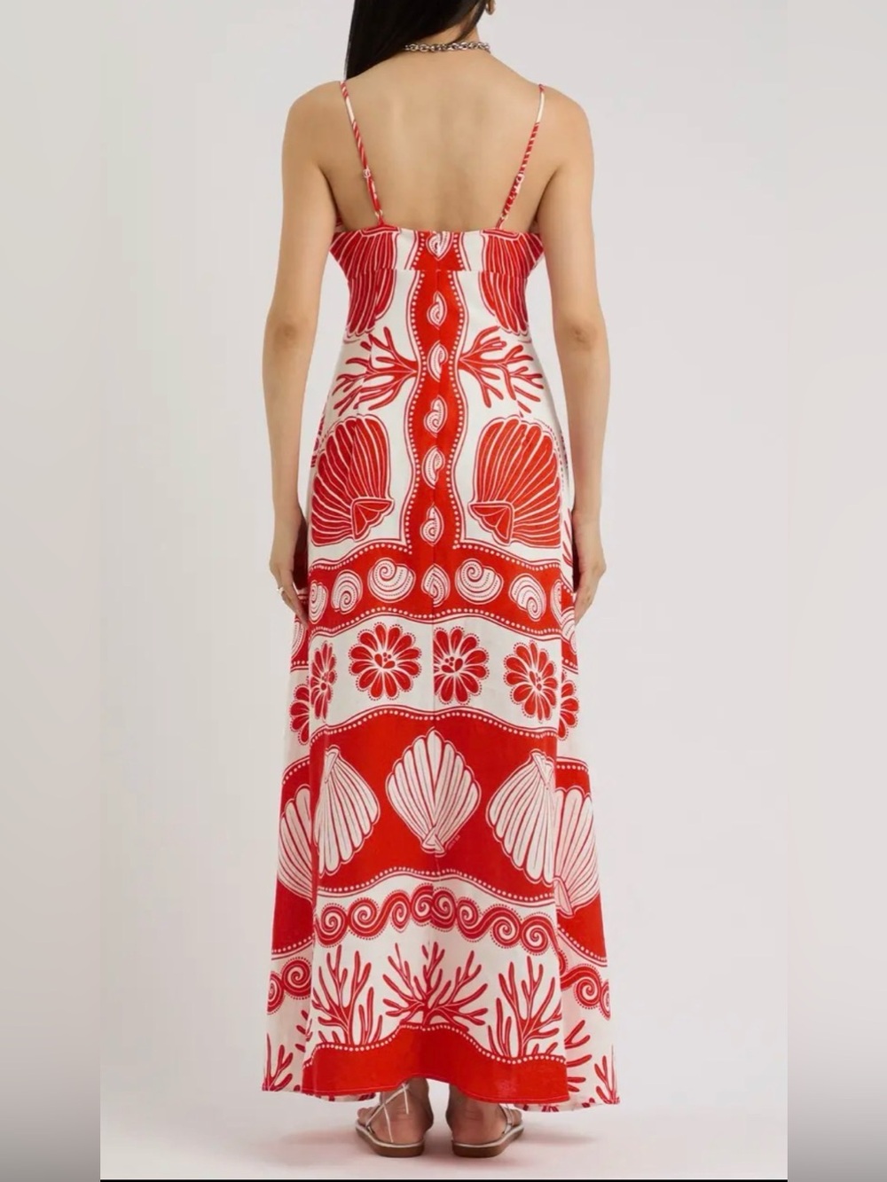 FARM Rio Ainika Printed Linen-Blend Red and White Shell-Print Maxi Dress - Picture 2 of 5